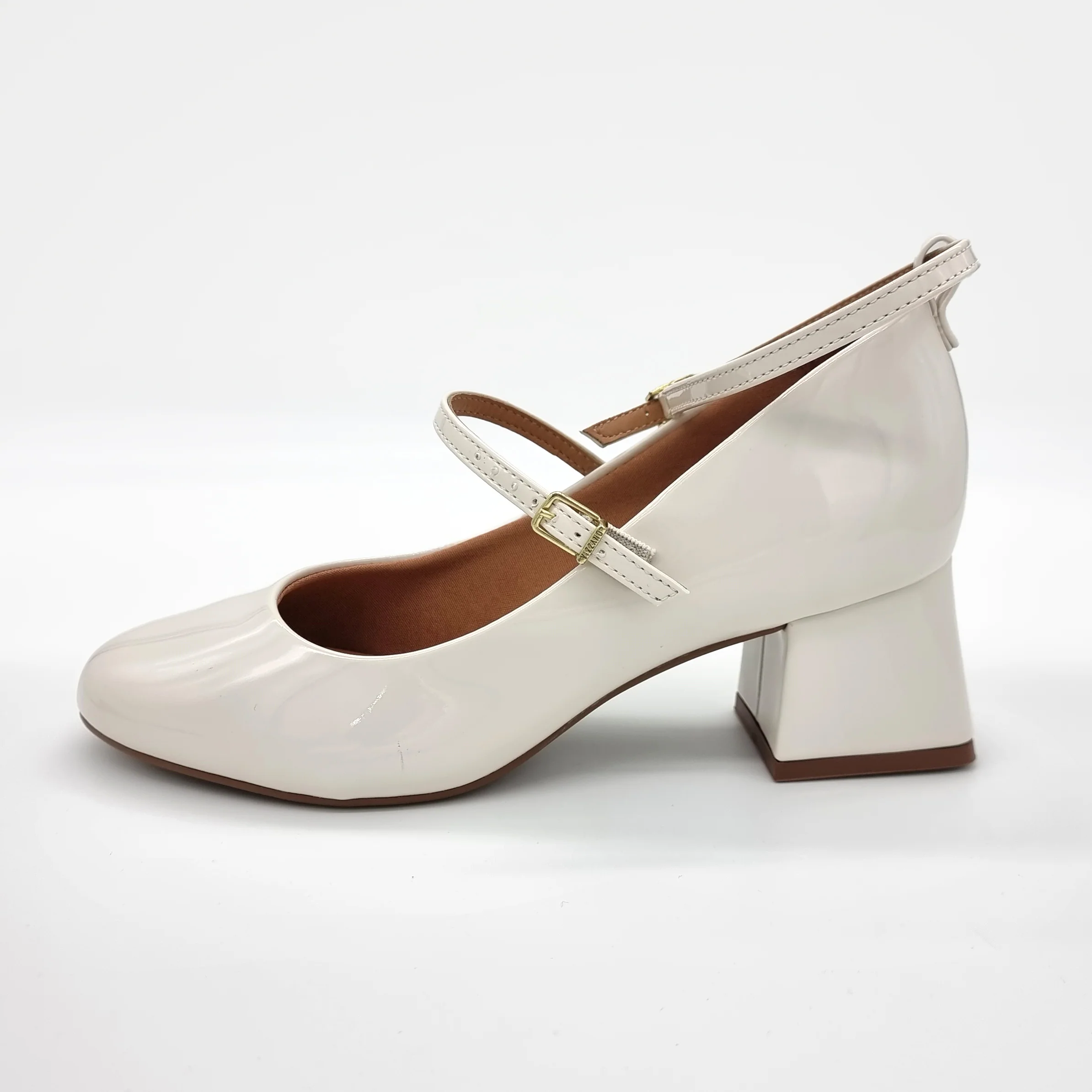 Vizzano 1423-102 Block Heel Round Toe Strappy Pump in Off White Patent - Image 4