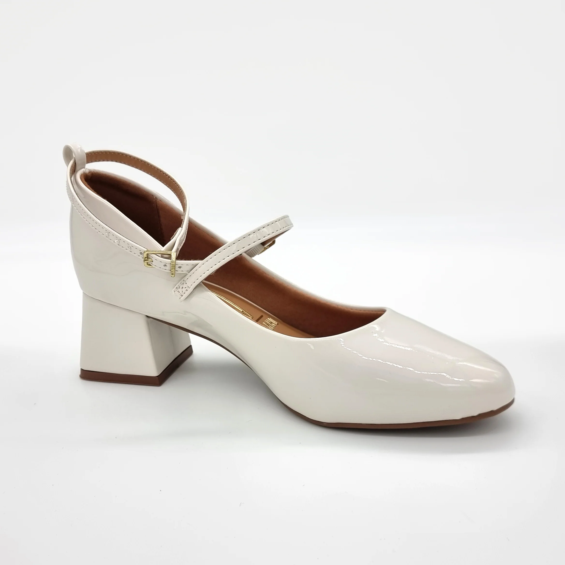 Vizzano 1423-102 Block Heel Round Toe Strappy Pump in Off White Patent - Image 5