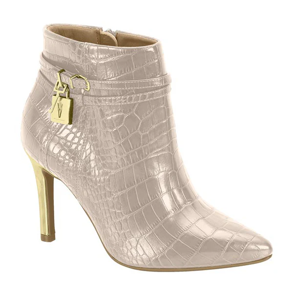 Vizzano 3049-246 Pointy Toe Golden Stiletto Heel Ankle Boot in Cream Croc