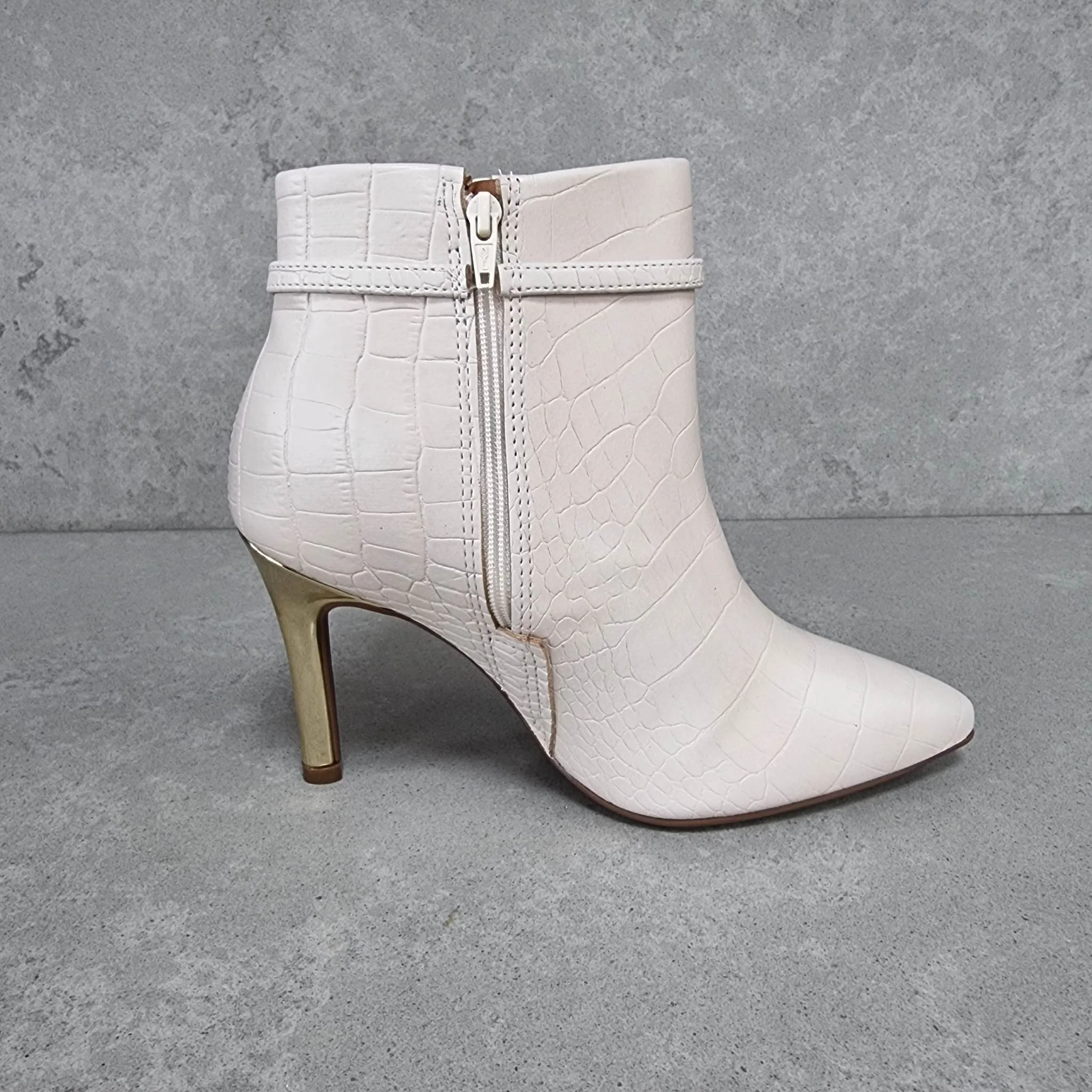 Vizzano 3049-246 Pointy Toe Golden Stiletto Heel Ankle Boot in Cream Croc - Image 3
