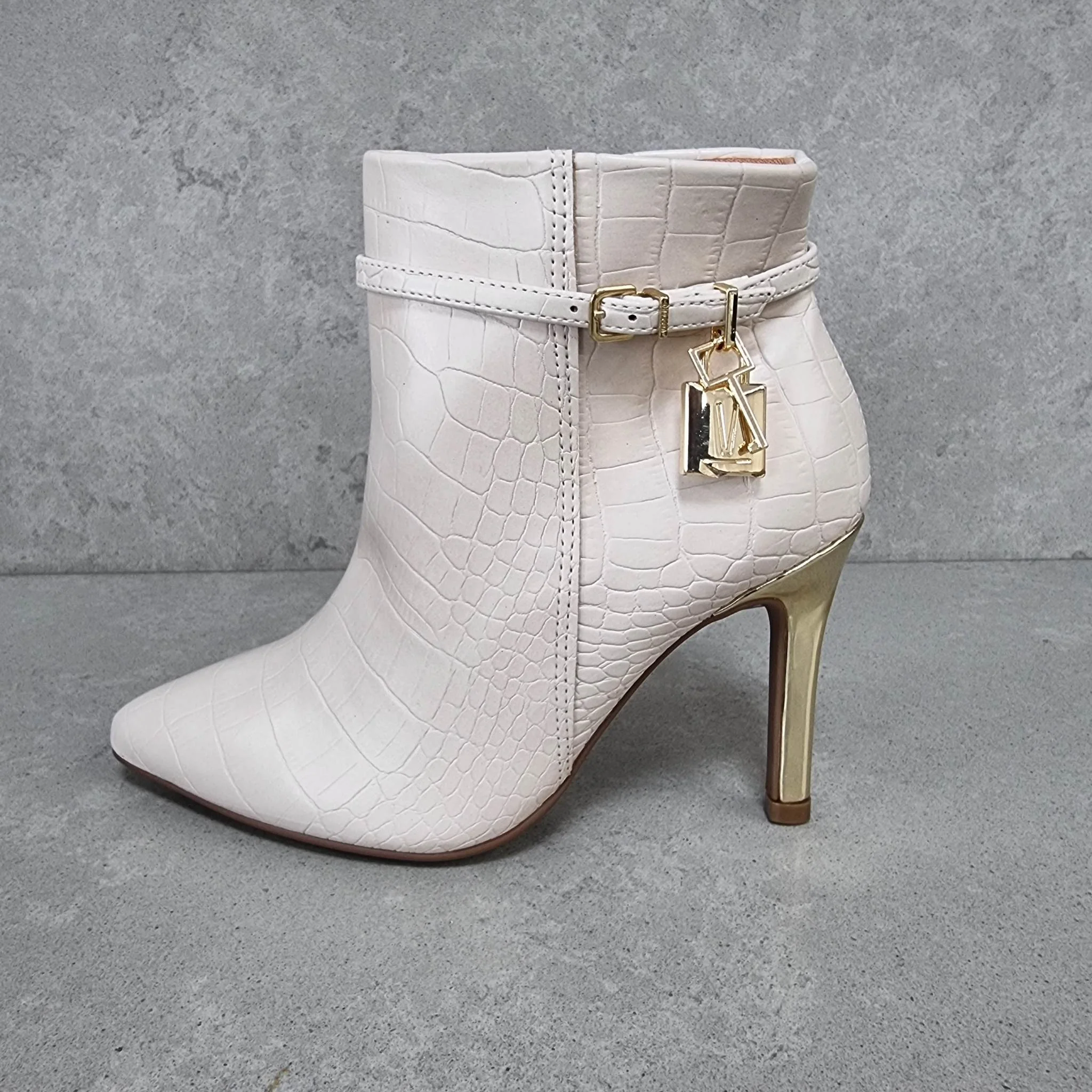 Vizzano 3049-246 Pointy Toe Golden Stiletto Heel Ankle Boot in Cream Croc - Image 4